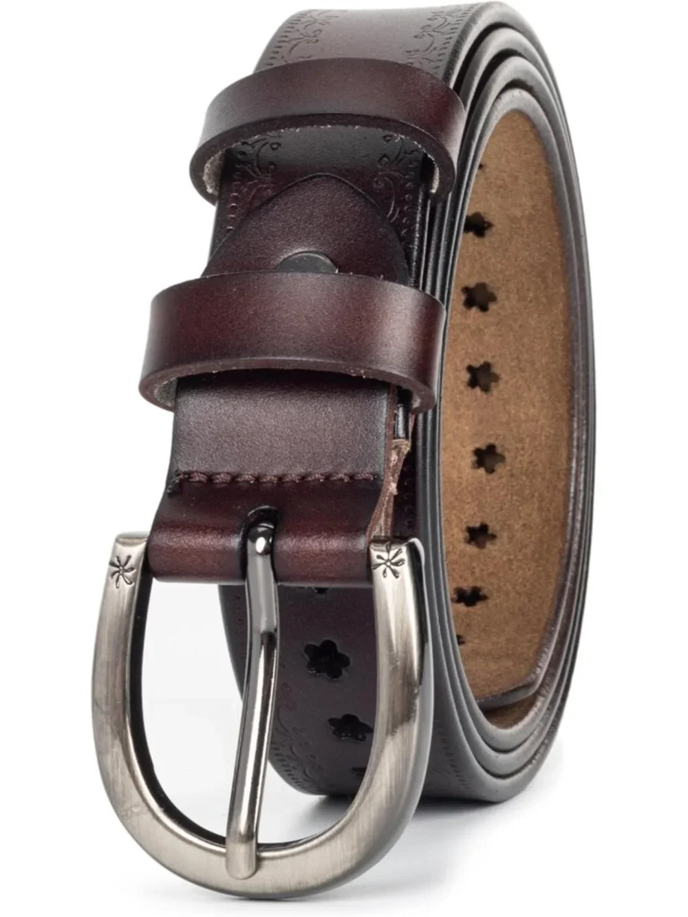 Women's Coffee-hollow Flowers Leather Belt Vintage Engraved Embossed Western